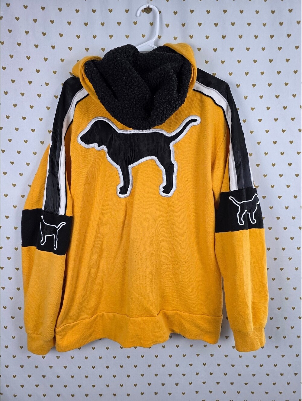 Victorias Secret Pink Sherpa Lined Yellow Dog Logo Hooded Sweater Large